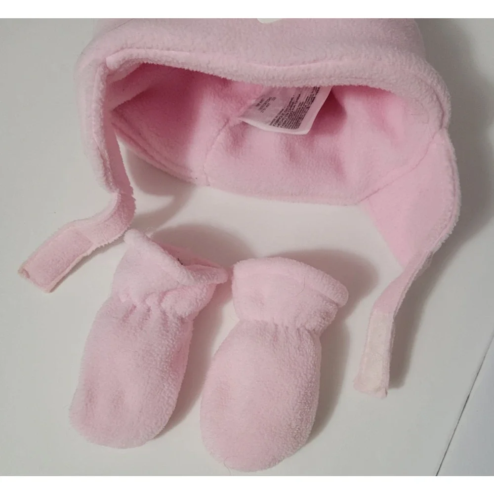 Nike Infant Baby Girls Pink Fleece Earflap Hat Mittens Set White Swoosh Winter
